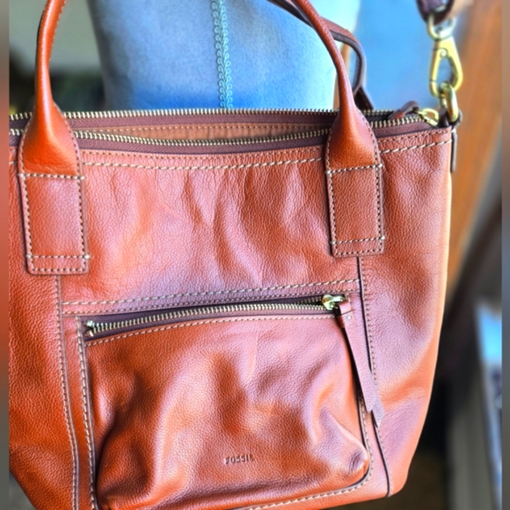 Fossil Brown Leather Bag with Zipper